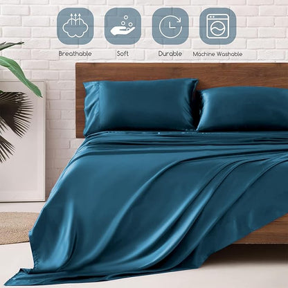MR&HM Satin Bed Sheets, Twin Size Sheets Set, 3 Pcs Silky Bedding Set with 15 Inches Deep Pocket for Mattress (Twin, Teal)