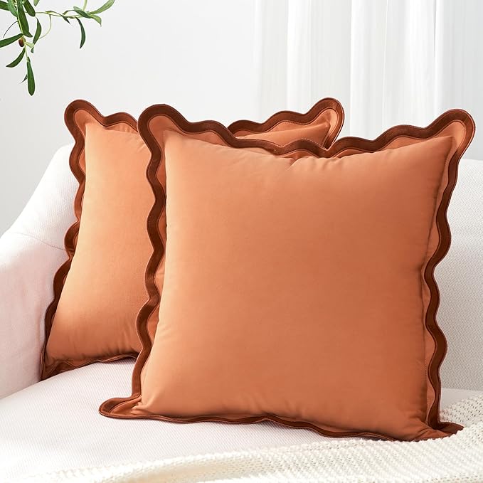 MONDAY MOOSE Decorative Throw Pillow Covers Cushion Cases, Set of 2 Soft Velvet Scalloped Wavy Edge Designs, Mix and Match for Home Decor, Pillow Inserts Not Included (Rust/Coral, 18x18 inch)