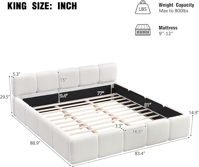 Christopher Knight Home Hazel King Size Platform Bed, Boucle Thick Headboard and Footboard, Upholstery Grounded Beds, Block Style, Wood Slats Panel Support, No Spring Box Needed, Easy Assembly, White