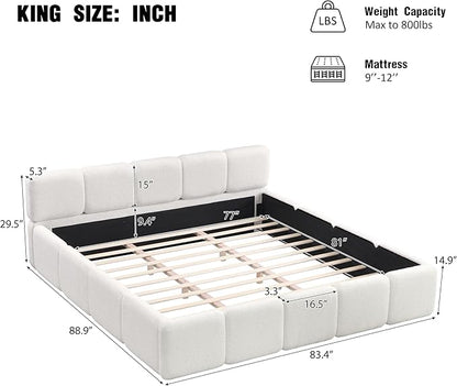 Christopher Knight Home Hazel King Size Platform Bed, Boucle Thick Headboard and Footboard, Upholstery Grounded Beds, Block Style, Wood Slats Panel Support, No Spring Box Needed, Easy Assembly, White