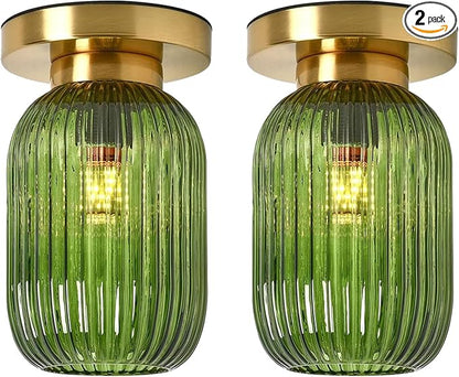 Mid Century Modern Ceiling Lamp 1-Light Gold Ceiling Light Classic Green Glass Shade Vintage Design Glass Flush Mount Lights for Hallway Living Room Kitchen (Green, 2 Pack)