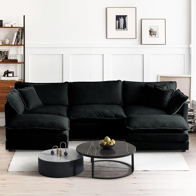 SoarFlash Chenille Sectional Sofa, Comfy L Shaped Modular Coush Sofa with Ottoman, Modern 3 Seat Couch Deep Seat Sofa Set for Living Room,Black