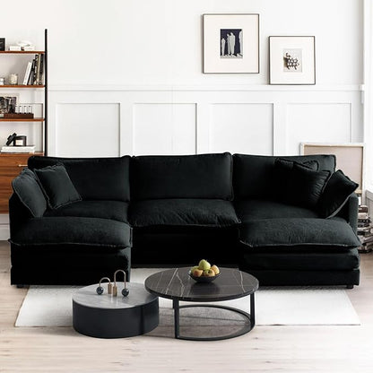 SoarFlash Chenille Sectional Sofa, Comfy L Shaped Modular Coush Sofa with Ottoman, Modern 3 Seat Couch Deep Seat Sofa Set for Living Room,Black
