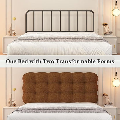BarnFurin Full Size Bed Frame, Platform Bed with Soft Teddy Boucle Upholstered Headboard, Wooden Slats Support, Two Bed Forms Design, No Boxing Spring Needed, Easy Assembly, Brown