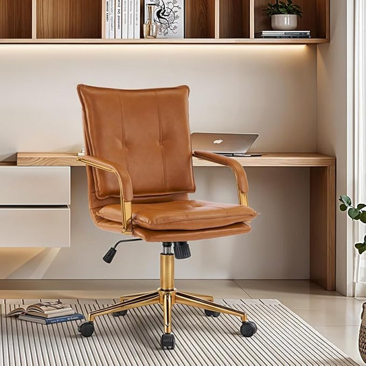 MOJAY Mid-Back Ergonomic Leather Office Chair, Modern Upholstered Executive Desk Chair with Gold Frame Armrest Computer Task Chair (Camel)