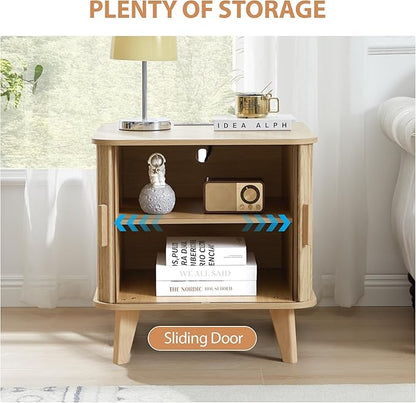 Nightstands Set of 2, 24 Inch Mid-Century Fluted EndTable with Charging Station, Farmhouse Wood Side Table with Storage & Sliding Door (2XSquare, Natural)