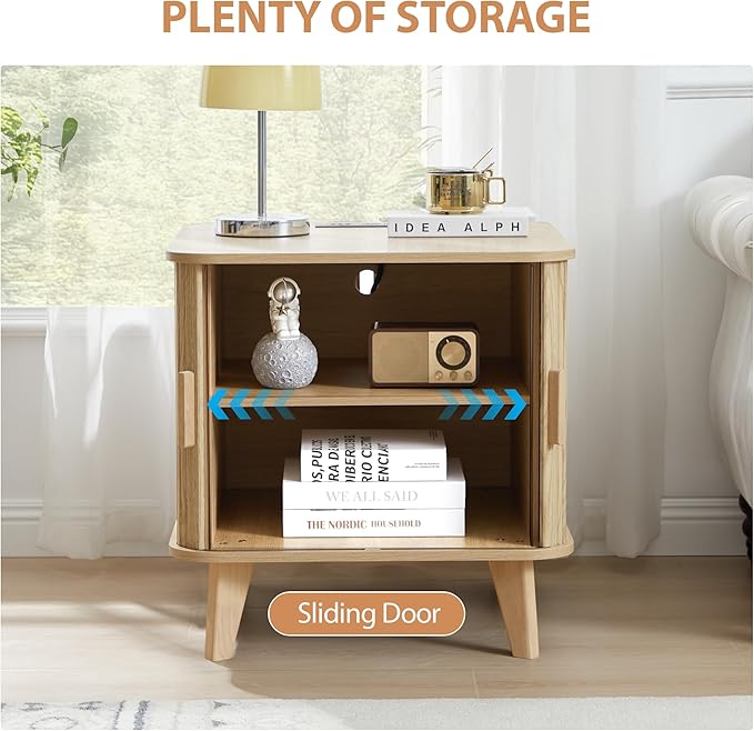 End Table with Charging Station, 24" Fluted Night Stands with Sliding Door, Farmhouse Large Wooden Side Table with Storage for Bedroom Living (Square, Natural)