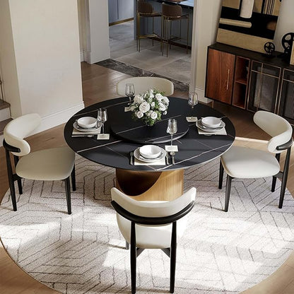 POVISON Round Dining Table with Lazy Susan for 4, 51" Matte Black Sintered Stone Top Dining Table with Bronze Carbon Steel Pedestal, Modern Dining Room Table for Kitchen, Living Room (Table Only)