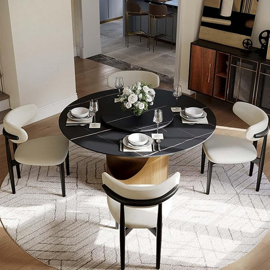 POVISON Round Dining Table with Lazy Susan for 4, 51" Matte Black Sintered Stone Top Dining Table with Bronze Carbon Steel Pedestal, Modern Dining Room Table for Kitchen, Living Room (Table Only)