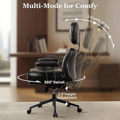 Mid Century Modren Big and Tall Office Chair,Large Ergonomic Executive Chair for Heavy Duty People, Desk Task Chair with Wheels, Faux Lether Fabric Wide Chair for Home Sturdy,Black