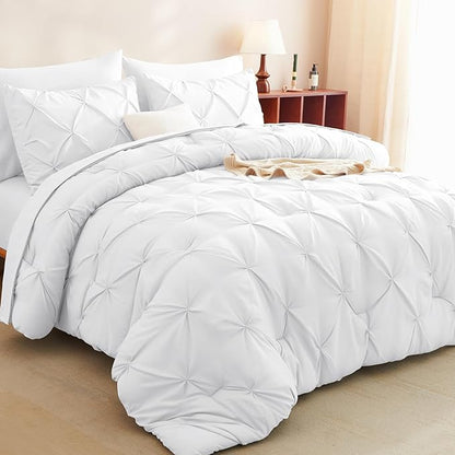 CozyLux Twin Comforter Set with Sheets White, 5 Pieces Pintuck Bed in A Bag, Twin Bed Set Gift for Family, Pinch Pleat Bedding Set with Comforter, Sheets, Pillowcase & Sham