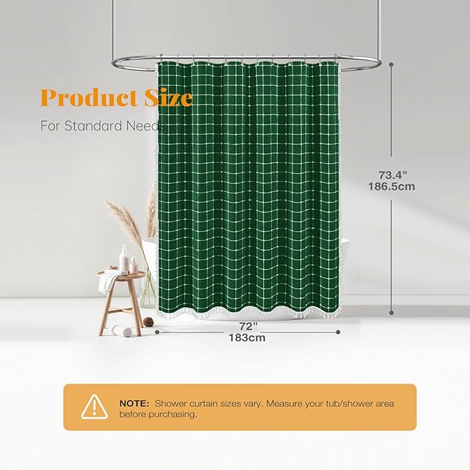 BTTN Boho Farmhouse Shower Curtain - Linen Rustic Heavy Duty Fabric Shower Curtain Set with Tassel, Water Repellent, Bohemian Vintage Country Cloth Shower Curtains for Bathroom, Emerald Green, 72x72