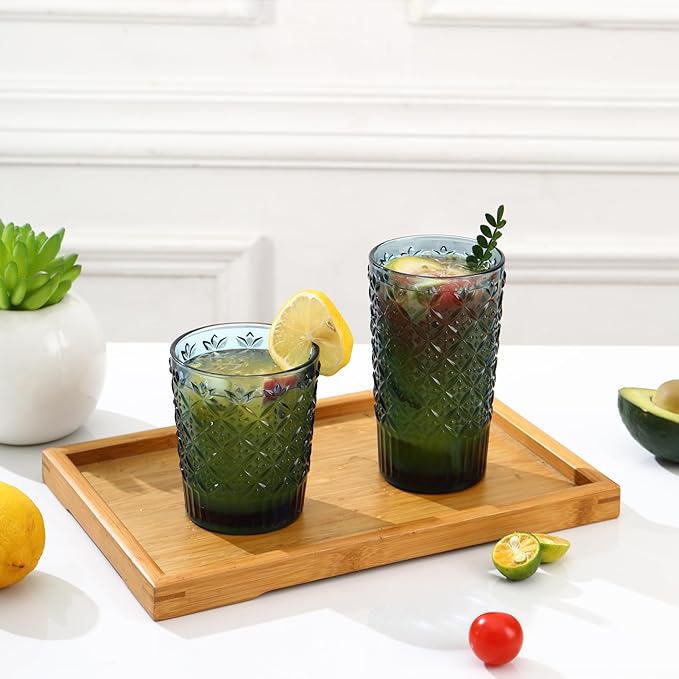 Blue Drinking Glasses Set of 12, 14 Oz Highball & 10 Oz Cocktail Glasses, Blue Kitchen Vintage Glassware Set, Floral Embossed Glass Tumbler Cups for Juice, Beer, Water, Whiskey, Coffee