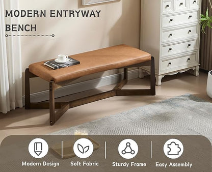 CIMOTA 49 Inch Modern Entryway Bench, Upholstered Bedroom Bench with Solid Wood Frame, Y-Shaped Foot, Comfy Ottoman for Bedroom End of Bed/Hallway/Living Room/Indoor, PU Brown