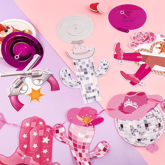 Disco Cowgirl Birthday Party Decorations, Pre-strung Happy Birthday Banners and 12 Hanging Swirls, Western Disco Theme Party Supplies for Girls, Teens, or Adults