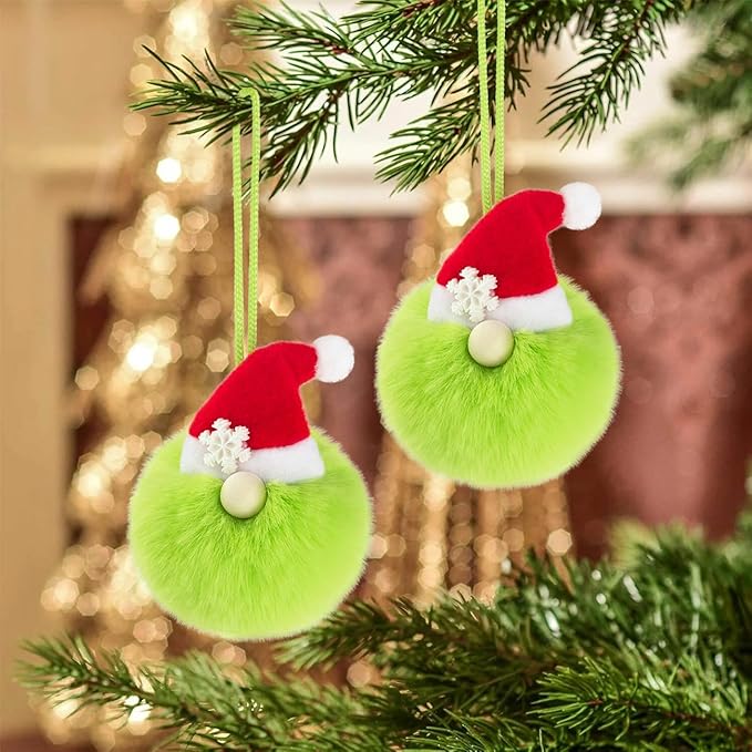 12ct 3.1'' Green Gnome Christmas Ball Ornaments, Soft Faux Fur Pom Pom Decorations with Santa Hat and Snowflake, Hanging Ornaments for Christmas Tree, Mantel, Home & Holiday Decor