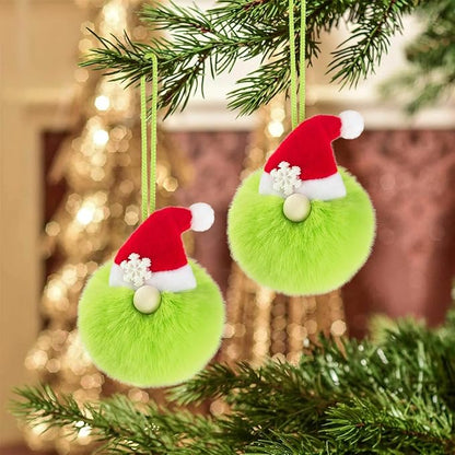 12ct 3.1'' Green Gnome Christmas Ball Ornaments, Soft Faux Fur Pom Pom Decorations with Santa Hat and Snowflake, Hanging Ornaments for Christmas Tree, Mantel, Home & Holiday Decor