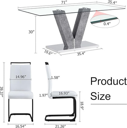 71" Glass Dining Table Set for 6, Kitchen Table and 6 PU Leather Chairs, Dining Table Set Ideal for Living Room