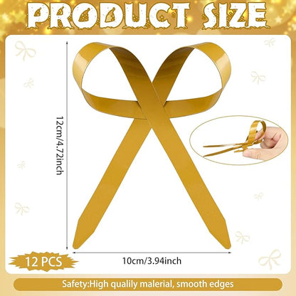 12 Pcs 2025 Metal Christmas Bow Ornaments for Christmas Tree Garland Wreath Bulk Bow with Clip Ornament Vintage Indoor Outdoor Home Xmas Party Decorations, 4 x 5 Inches (Gold)