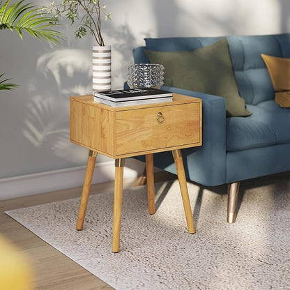 Bme Alden Wood Nightstand, Solid Wood End Table, Mid Century Modern Nightstand, Side Table with 1 Drawer, Compact for Bedroom, Living Room & Study Room, Easy Assembly, Light Natural