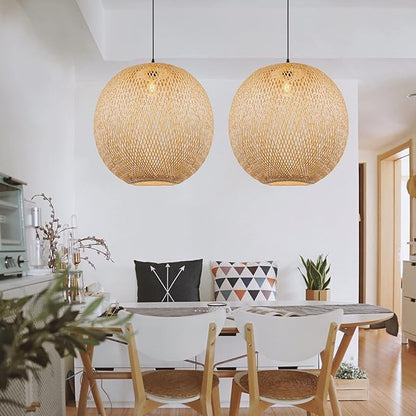 Arturesthome 15.7" Bamboo Pendant Lights, Round Wicker Chandelier, Hand-Woven Boho Basket Lampshade Hanging Ceiling Light for Kitchen Island Living Room