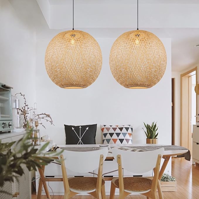 Arturesthome 1 Light Natural Bamboo Pendant Lamp, Round Hanging Ceiling Light Wicker Chandelier, Hand-Woven Boho Basket Lampshade for Kitchen Island Living Room