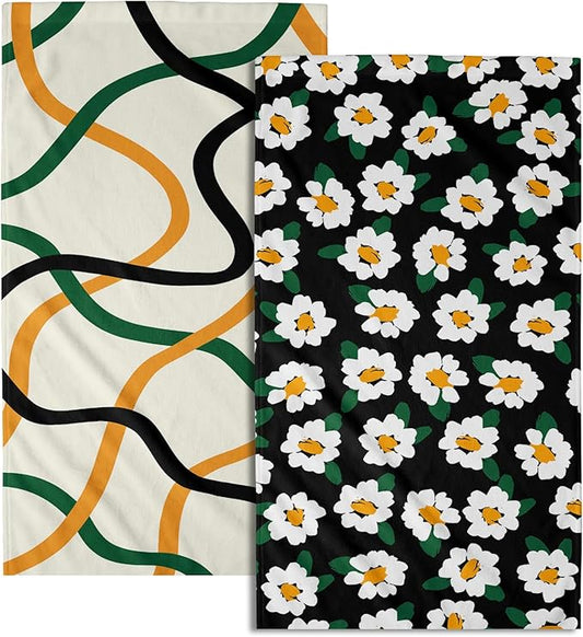 Modern Kitchen Towels Set of 2 Geometric Stripe Green Orange Microfiber