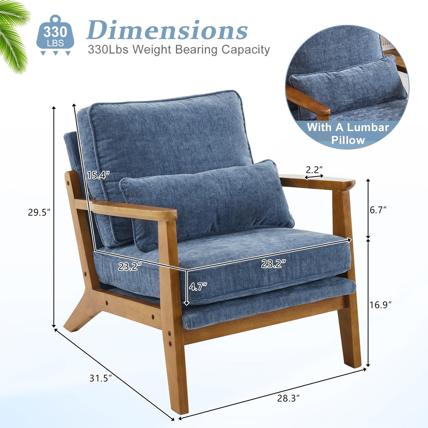 VINGLI Solid Wood Wide Armrests Accent Chair,Upholstered Mid Century Modern Chair with Pillow,Comfy Reading Chair Farmhouse Arm Chair,Chairs Living Room,Bedroom,Guest Room,Teddy Fleece,Khaki