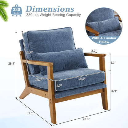 VINGLI Solid Wood Wide Armrests Accent Chair,Upholstered Mid Century Modern Chair with Pillow,Comfy Reading Chair Farmhouse Arm Chair,Chairs Living Room,Bedroom,Guest Room,Teddy Fleece,Khaki