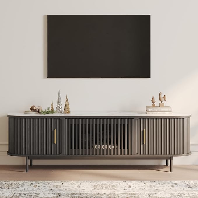 POVISON Sliding Tambour Door TV Stand, Mid Century Modern Sintered Stone TV Console, Wood Media Console for 70 Inch TV, Entertainment Center with Storage Cabinet, Fully-Assembled (Black, 70.87")