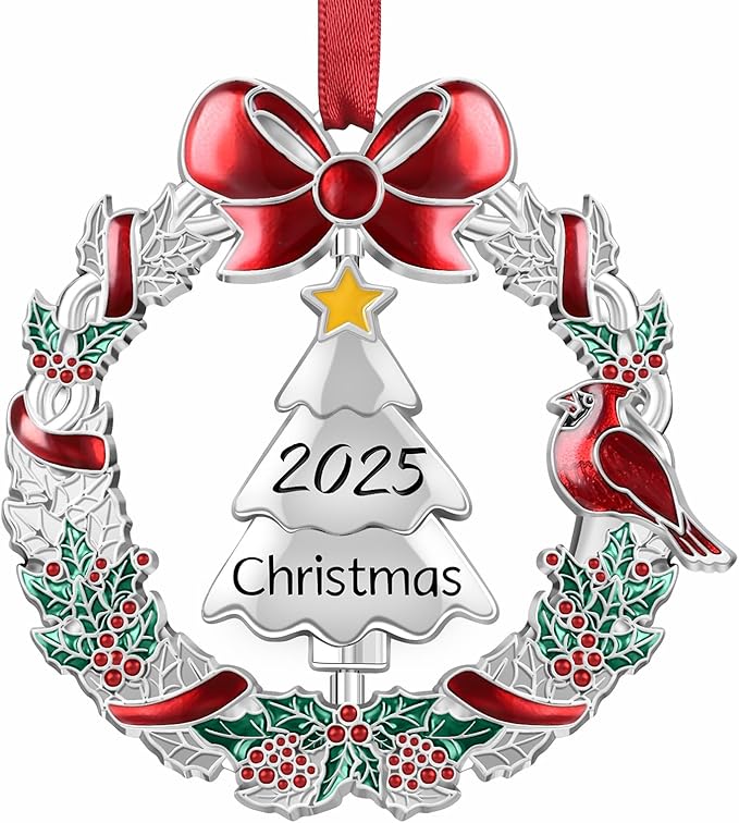 Christmas Dated Ornament 2025 for Xmas Tree Decorations, 2025 Christmas Wreath Ornament with Rotatable Tree for Holiday Decorative Keepsake Gift