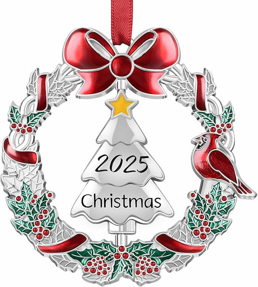Christmas Dated Ornament 2025 for Xmas Tree Decorations, 2025 Christmas Wreath Ornament with Rotatable Tree for Holiday Decorative Keepsake Gift