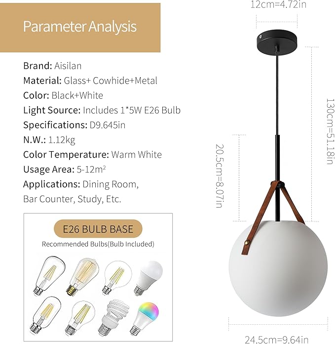 Aisilan Globe Pendant Light, White Opal 9.6” Glass Pendant Light with 5W E26 Blub, Mid Century Adjustable Hanging Light Fixture for Kitchen Island, Globe Chandelier for Dining Room Bedroom