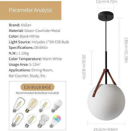 Aisilan Globe Pendant Light, White Opal 9.6” Glass Pendant Light with 5W E26 Blub, Mid Century Adjustable Hanging Light Fixture for Kitchen Island, Globe Chandelier for Dining Room Bedroom