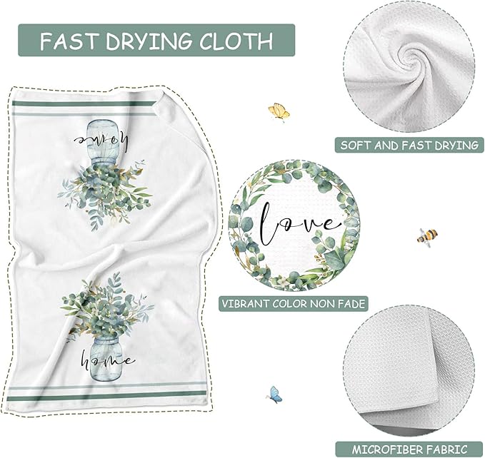 Green Eucalyptus Leaf Kitchen Towels 4 Pack Absorbent Tea Towels 16x24 Inch Dish Towels Green Leaves
