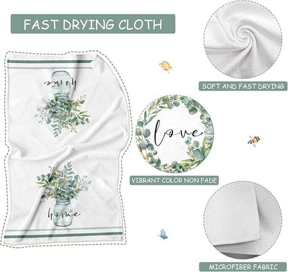 Green Eucalyptus Leaf Kitchen Towels 4 Pack Absorbent Tea Towels 16x24 Inch Dish Towels Green Leaves