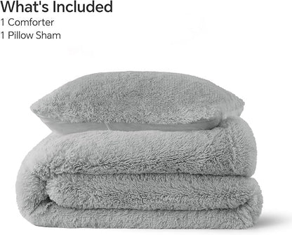 BEDELITE Grey Fluffy Comforter Set Twin Size, Fuzzy Faux Fur Comforter Bedding Set, 2Pieces Soft Warm Shaggy Bed Set (1 Comforter & 1 Pillowcase) as Gifts for Women