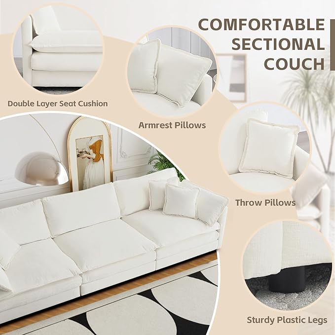 SoarFlash Chenille Sectional Sofa, Comfy Modular Loveseat Sofa, Modern 3-Seat Couch Deep Seat Sofa Set for Living Room,White