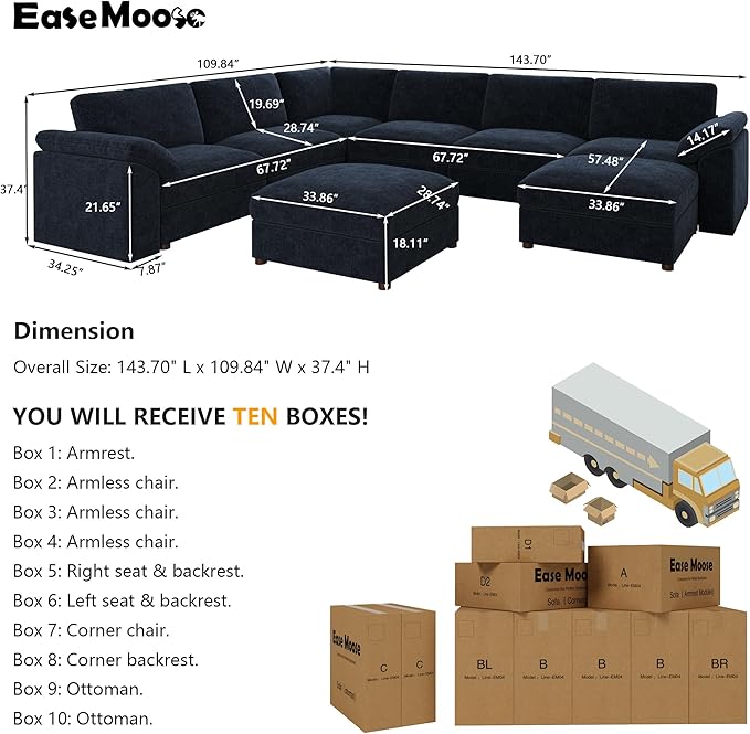 EASE MOOSE Oversized Sectional Modular Sofa,Oversized U Shape Sectional Couch Wide Deep seat Sofa,FSC Certified Chenille Modular,Blue