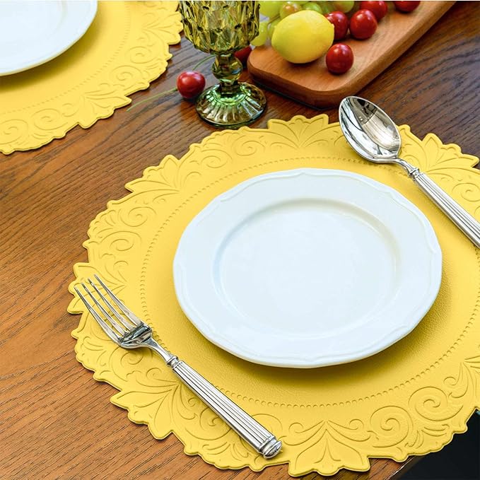 Noctiflorous Round Faux Leather 15 Inch Placemats Set of 6 Waterproof Wipeable Heat Resistant Tablemat for Dining Table Kitchen Non Slip Washable Oilproof Table Place Mat(Mango Yellow, 6)