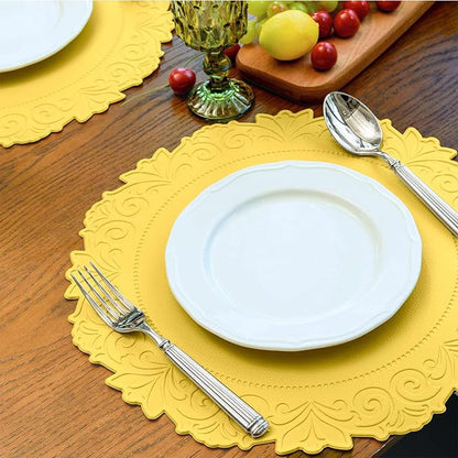 Noctiflorous Round Faux Leather 15 Inch Placemats Set of 6 Waterproof Wipeable Heat Resistant Tablemat for Dining Table Kitchen Non Slip Washable Oilproof Table Place Mat(Mango Yellow, 6)