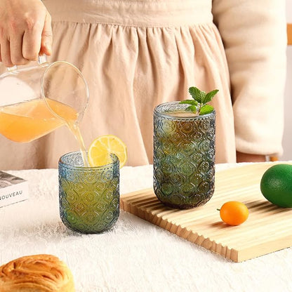Blue Drinking Glasses Set of 12, 12 Oz Highball & 10 Oz Cocktail Glasses, Blue Kitchen Vintage Glassware Set, Floral Embossed Glass Tumbler Cups for Water, Beer, Juice, Whiskey, Coffee