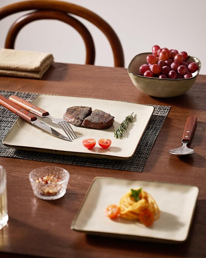 Famiware Dinnerware Sets for 8, Ocean Square 24-Piece Kitchen Plates and Bowls Sets, Microwave and Dishwasher Safe, Scratch Resistant, Light khaki