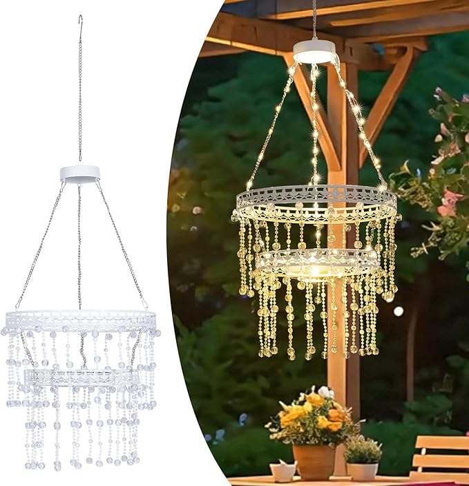 Solar Hanging Crystal Chandelier Outdoor Garden Decorative Lights Powerful Lithium Battery 54 Warm White LEDs Waterproof Hanging Lantern for Garden, Yard, Patio, Gazebo, Party, Wedding 2 Tier