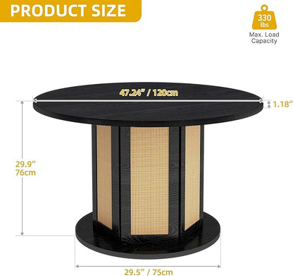 DWVO Round Dining Table for 4-6 People, 47 Inch Farmhouse Kitchen Table with Rattan Circular Base, Black