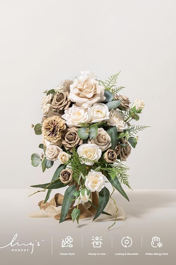 Ling's moment Intimate Brown Bridal Bouquet Cascading, Beige Wedding Bouquets for Bride, 13 Inch Bride Bouquets for Wedding Artificial Flowers Bouquets