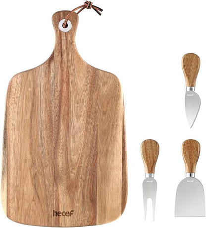 hecef Upgrade Bigger Cheese Board set of 4, a Acacia Wood Cheese Plate and 4 PcsKnives, Charcuterie Platter Serving Tray for Appetizers