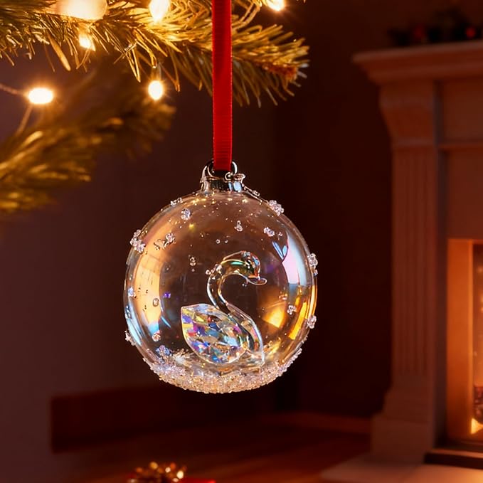 2025 Crystal Clear Glass Ball Christmas Ornament, Modern Tree Decoration with Red Ribbon (Swan)