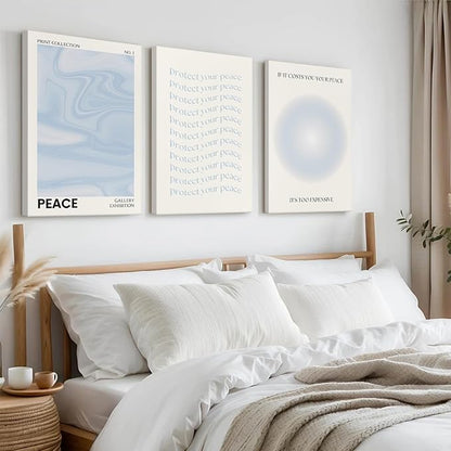 Blue Aura Wall Art Decor Retro Aesthetic Canvas Wall Art Pastel Abstract Pictures Prints Preppy Gradient Spiritual Poster Trendy Artwork Blue Painting for Room Bedroom 12x16 Inch Framed Set of 3