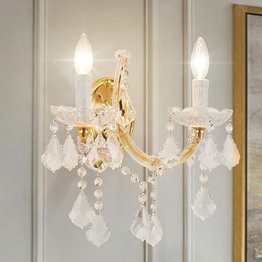 Crystal Wall Sconce Lighting, 2-Light Modern Crystal Wall Light Fixture Bathroom Maria Theresa Wall Lamp Light Fixtures for Living Room Wall Sconce Light Wall Mounted Lamp Indoor